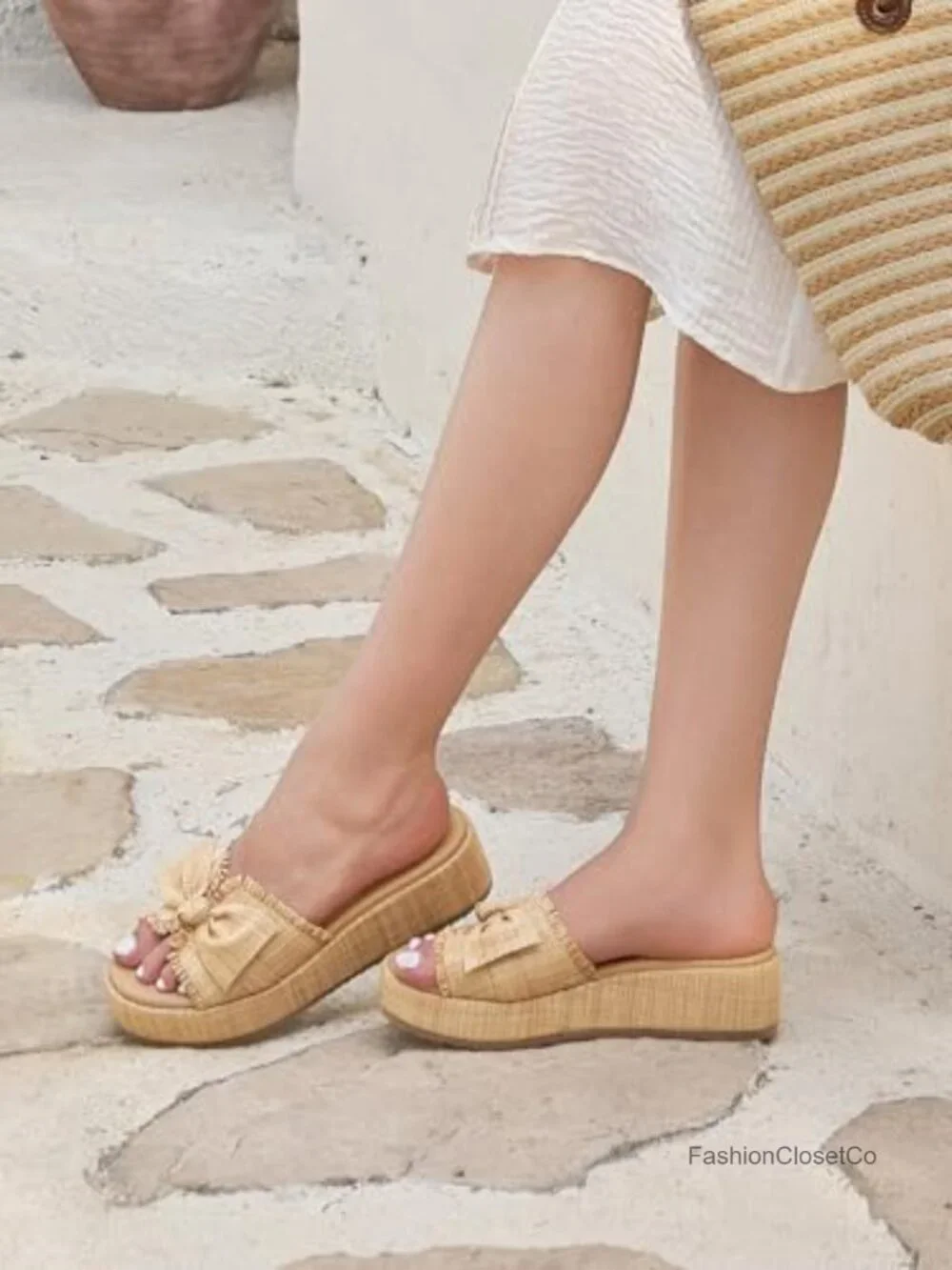 Womens Raffia Platform Wedge Sandals Bow Open Toe Slide Espadrilles
